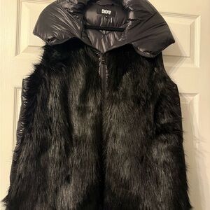 DKNY Black Faux Fur Hooded Vest